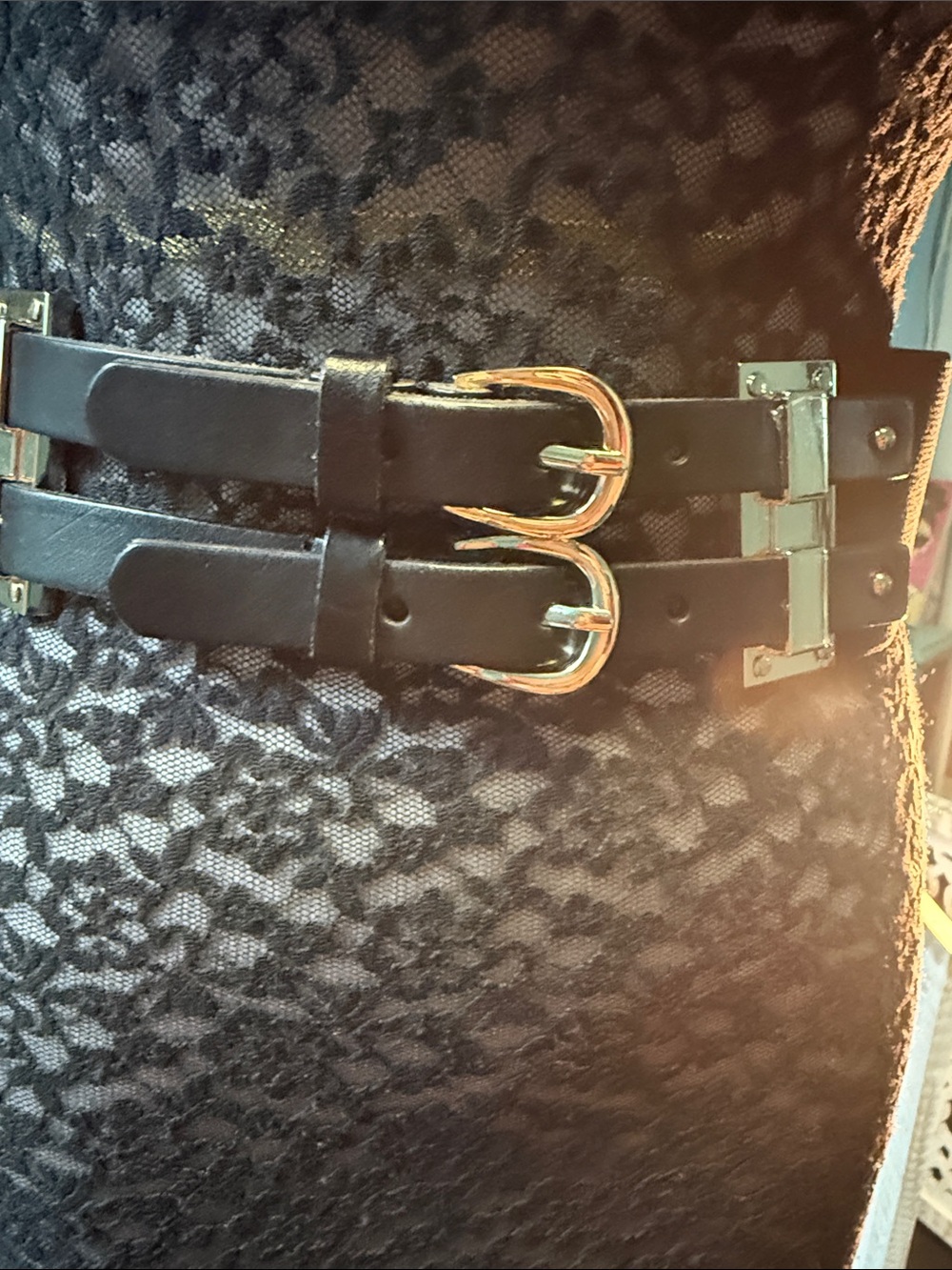 White House Black Market Black and gold Double-Buckle Waist Belt